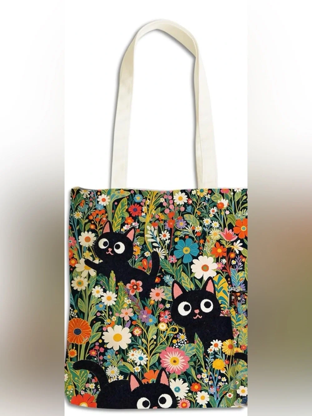 Black Cat Floral Tote Bag - Cute Cat Print Canvas Shopper. NWT
